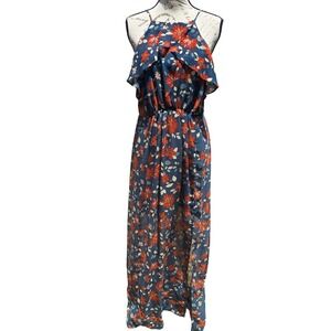 & Harmony Womens Floral Maxi Dress Teal Orange Ruffle High Neck Slit Size Large